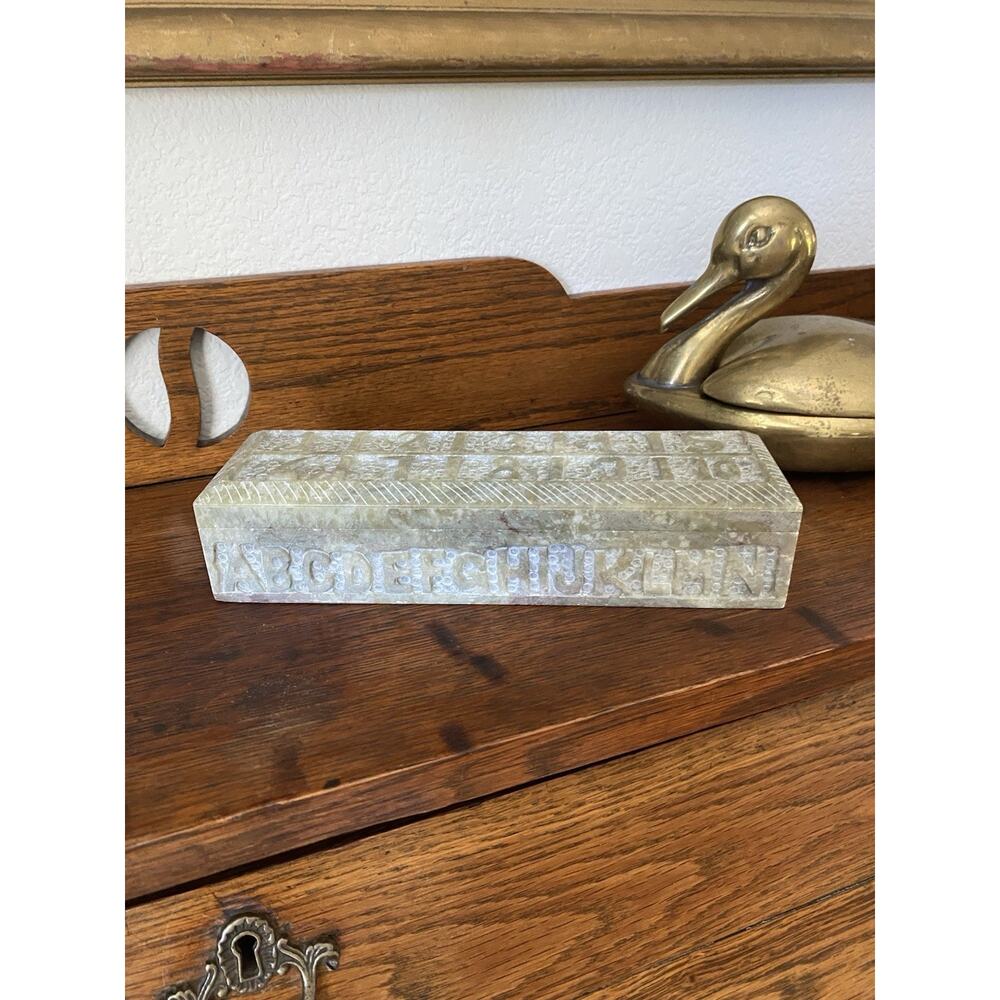 Vintage Hand Carved Soapstone Pen Box Velvet Lined ABC 123 Teacher Desk Decor